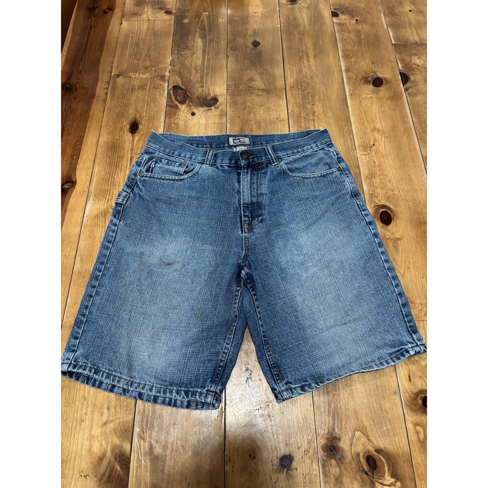 Phat Farm Men's Blue Denim Jean Shorts Size 32 Zip Fly Embroidered Pockets